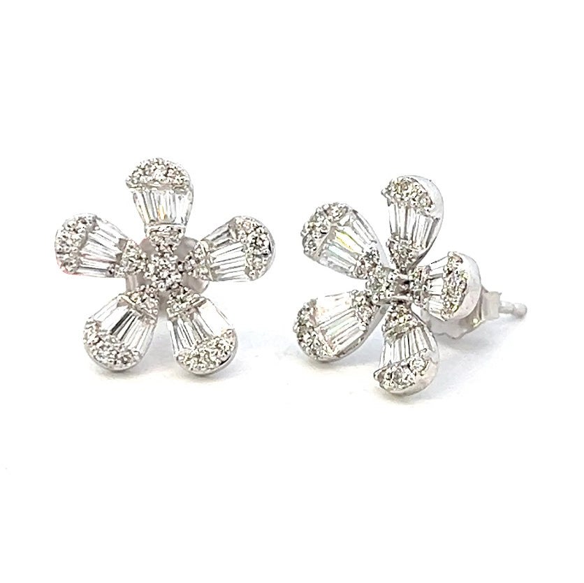 1.15cttw Floral Stud Earrings | Diamond Flower Earrings | 14k White Gold