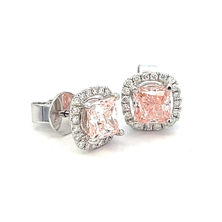 2.31cttw Cushion Cut Pink Diamond Earrings | Pink Stone Earrings | Pink Studs | Diamond Halo Earrings | 18k White Gold