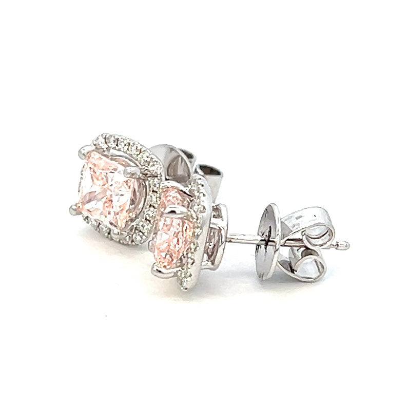 2.31cttw Cushion Cut Pink Diamond Earrings | Pink Stone Earrings | Pink Studs | Diamond Halo Earrings | 18k White Gold