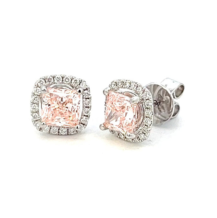 2.31cttw Cushion Cut Pink Diamond Earrings | Pink Stone Earrings | Pink Studs | Diamond Halo Earrings | 18k White Gold