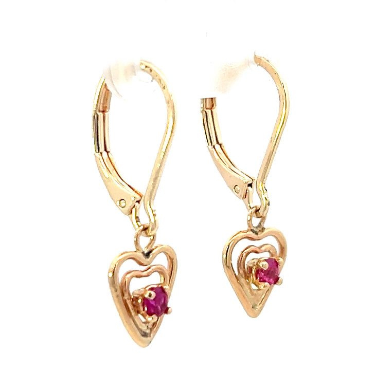 0.20cttw Ruby Heart Dangle Earrings | Gold Dangle Earrings | Heart Dangle Earrings | 14k Yellow Gold Earrings