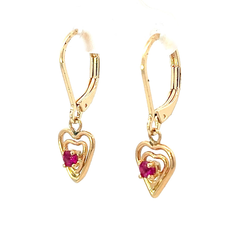 0.20cttw Ruby Heart Dangle Earrings | Gold Dangle Earrings | Heart Dangle Earrings | 14k Yellow Gold Earrings