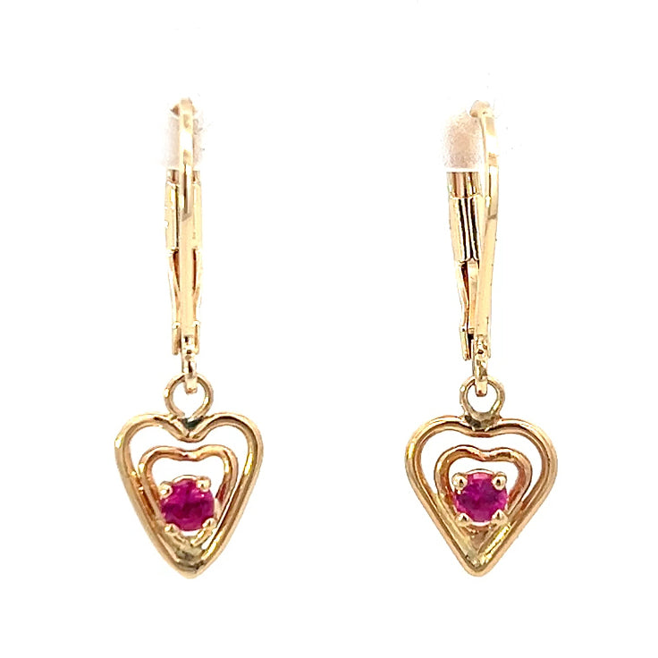 0.20cttw Ruby Heart Dangle Earrings | Gold Dangle Earrings | Heart Dangle Earrings | 14k Yellow Gold Earrings