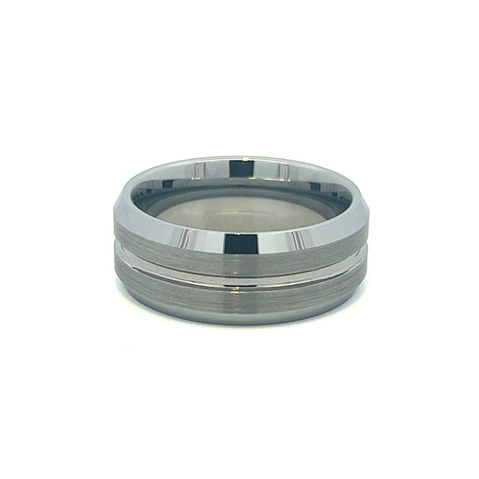Silver Tungsten Ring 9mm With Silver Inlay and Bevel