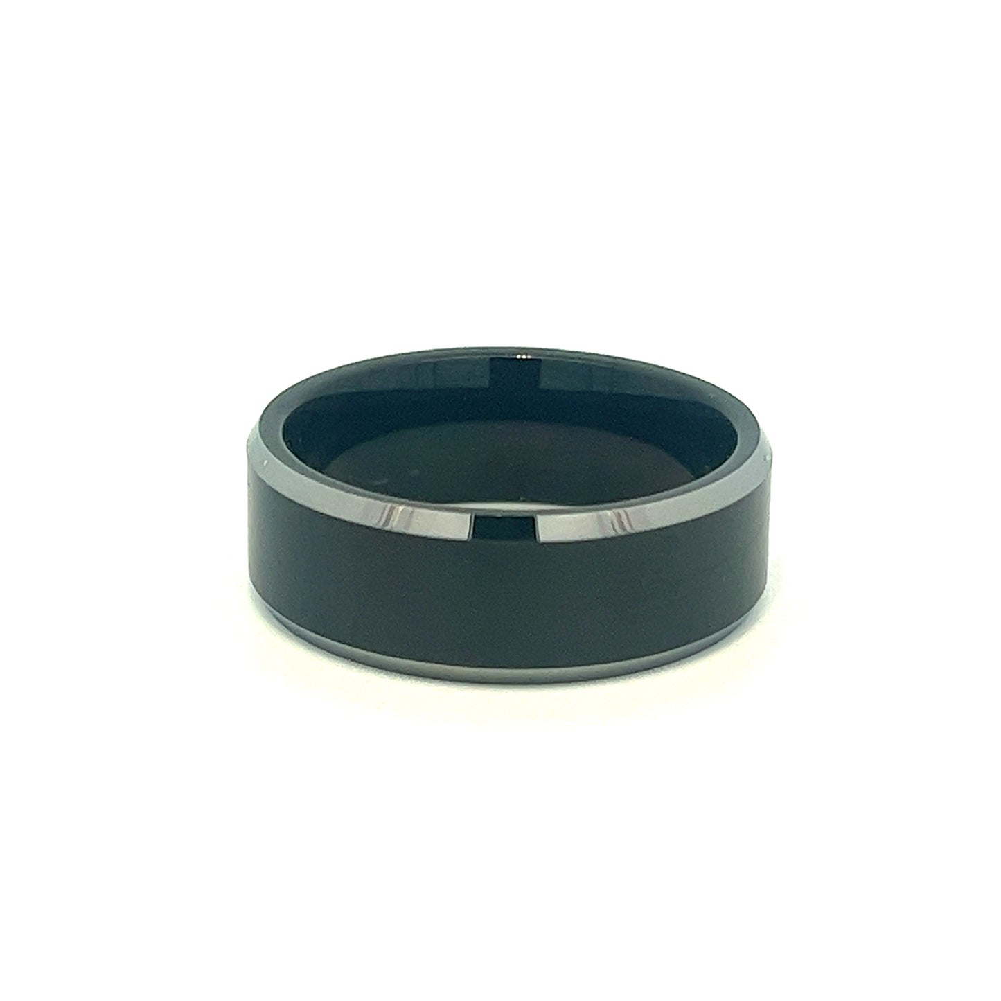 Black Tungsten Mens Wedding Band 8mm Silver Bevel