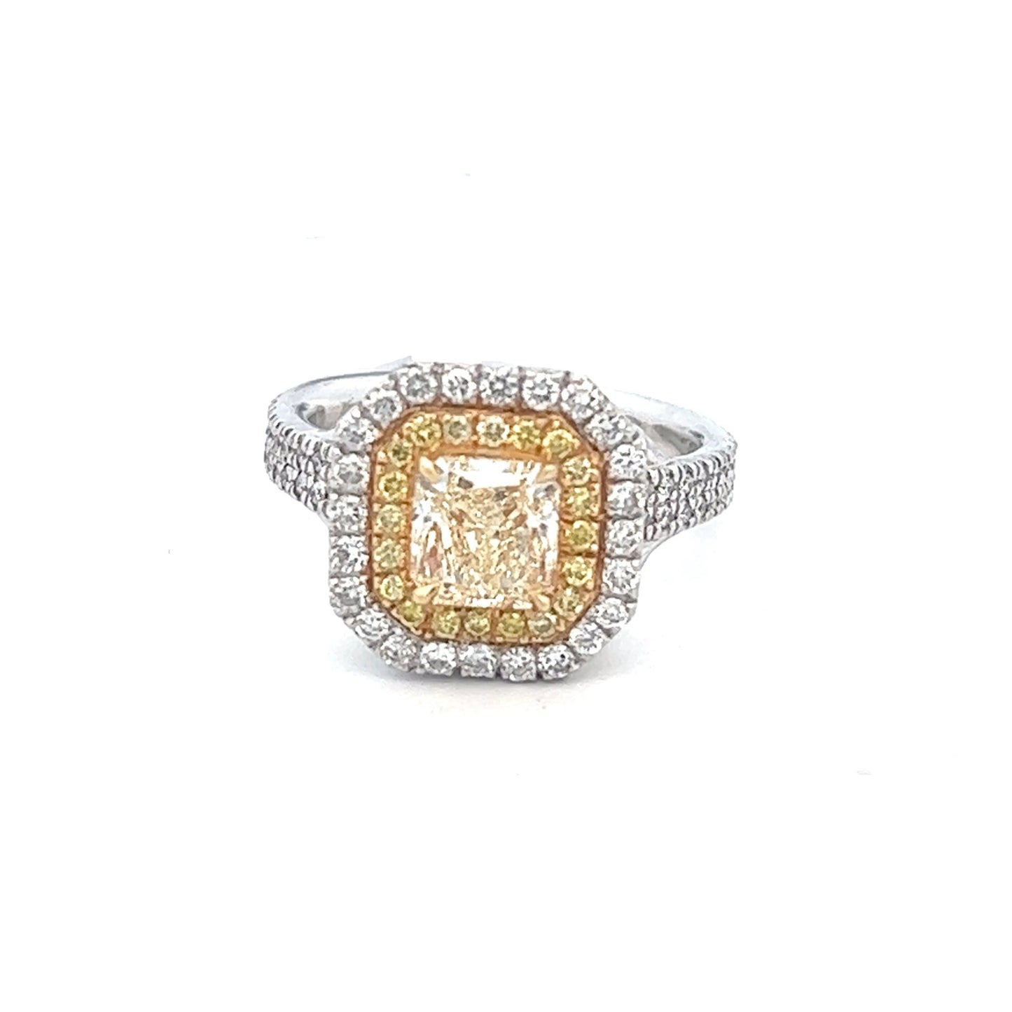 2.58cttw Radiant Cut Yellow Diamond Engagement Ring | 18k White Gold