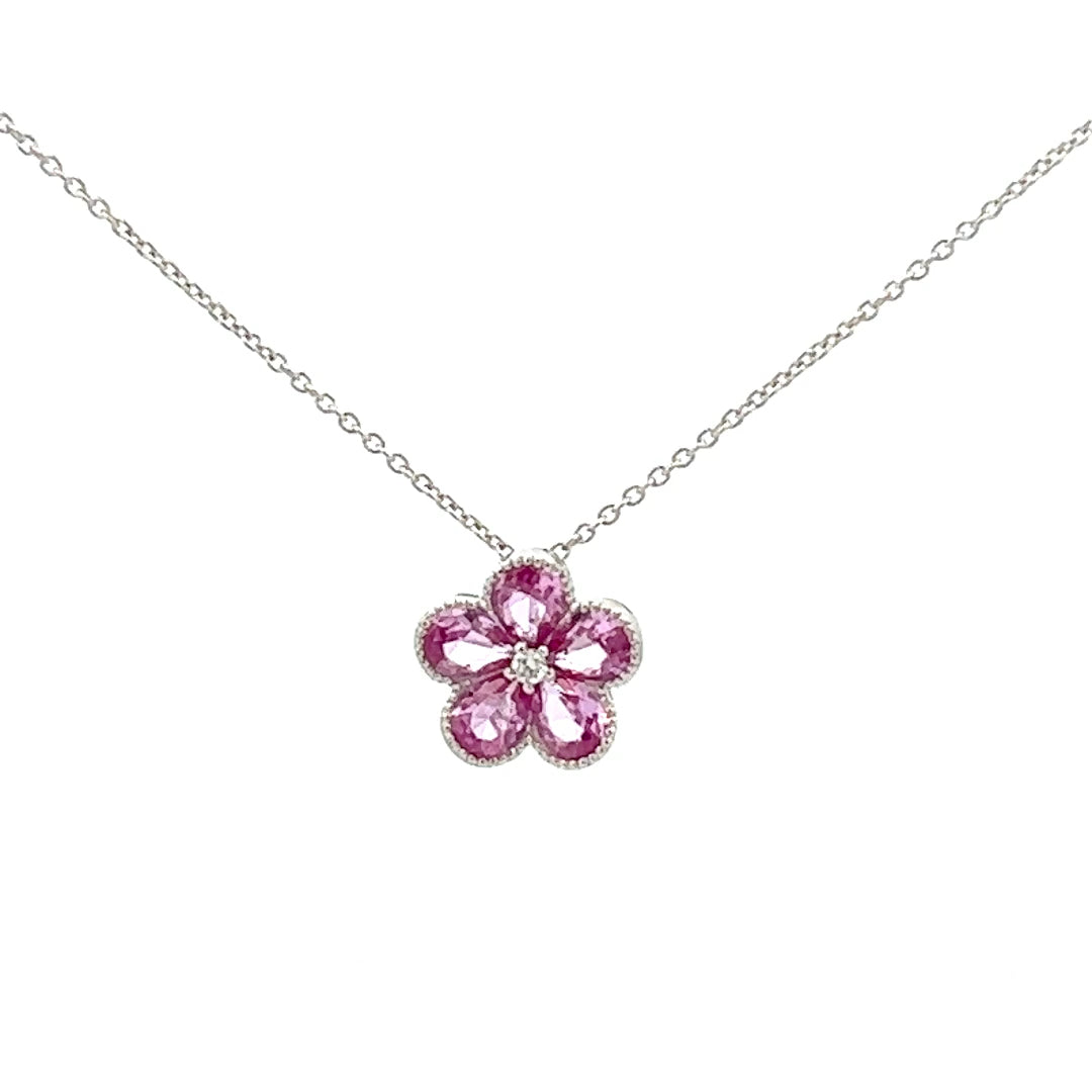 .86cttw Pink Sapphire Pendant Necklace | Flower Pendant | 14K White Gold