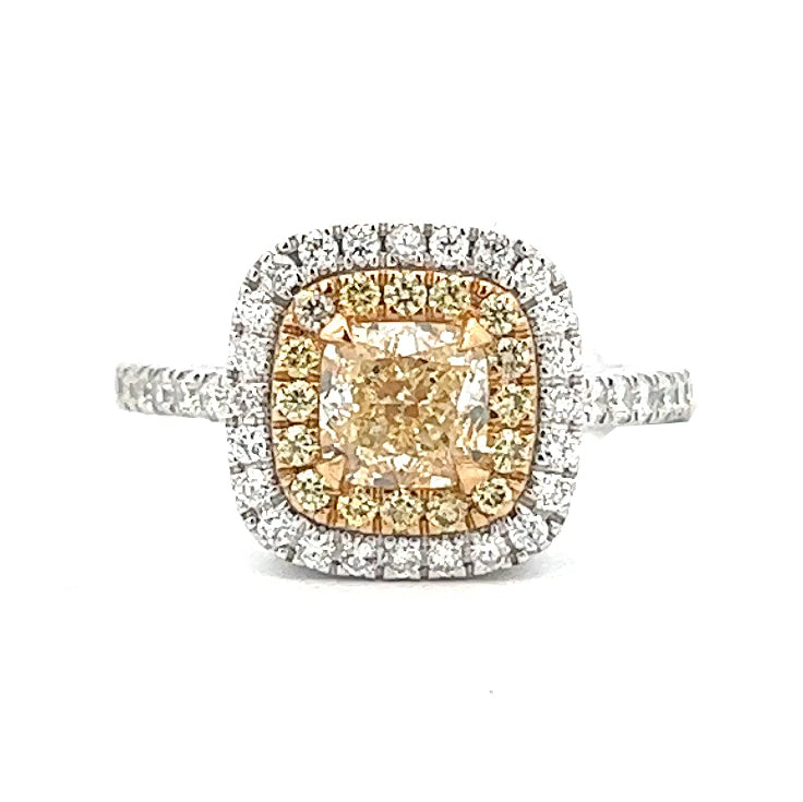 Double Halo Yellow Diamond Engagement Ring | 18k White Gold
