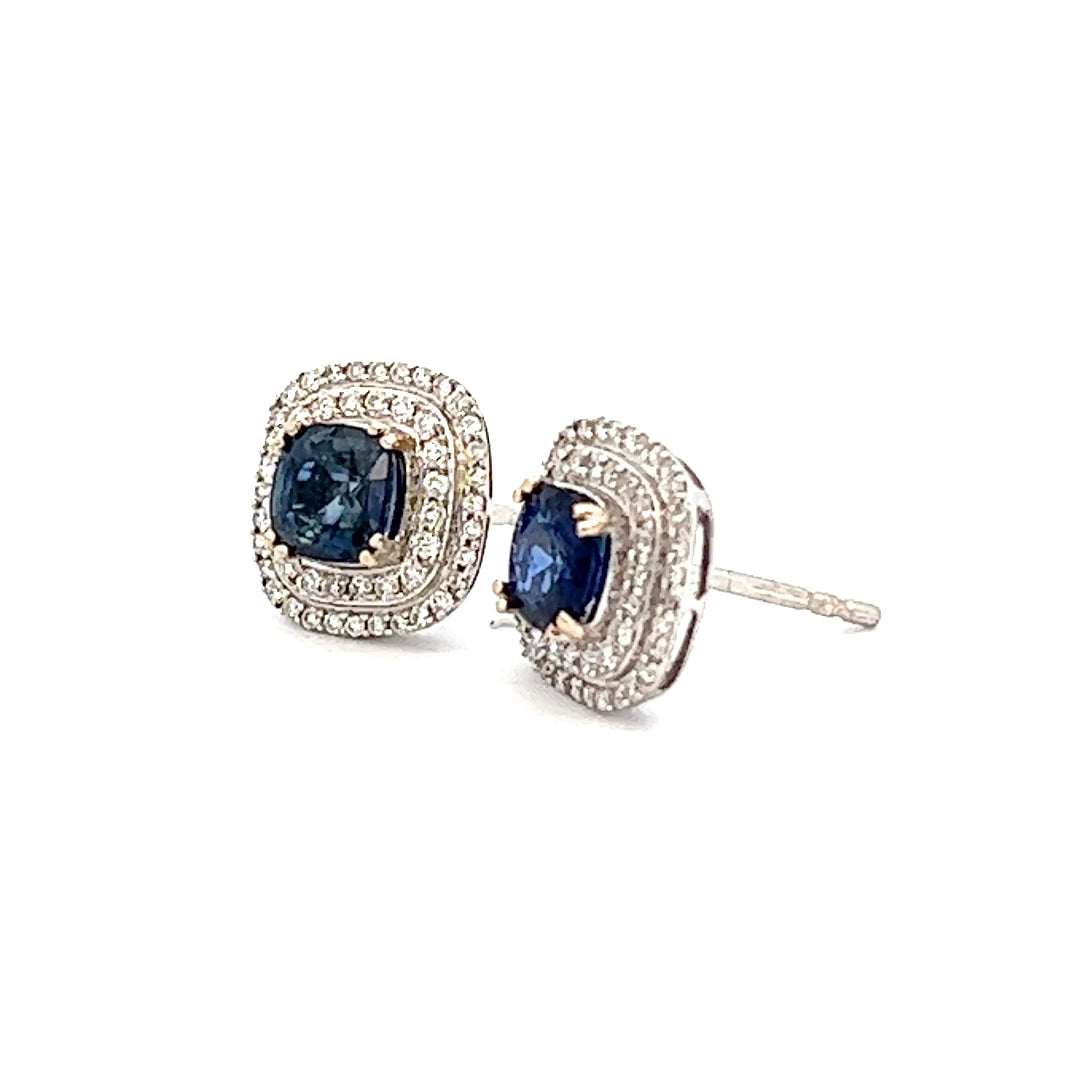 1.87cttw Double Halo Sapphire and Diamond Earrings | 18k White Gold