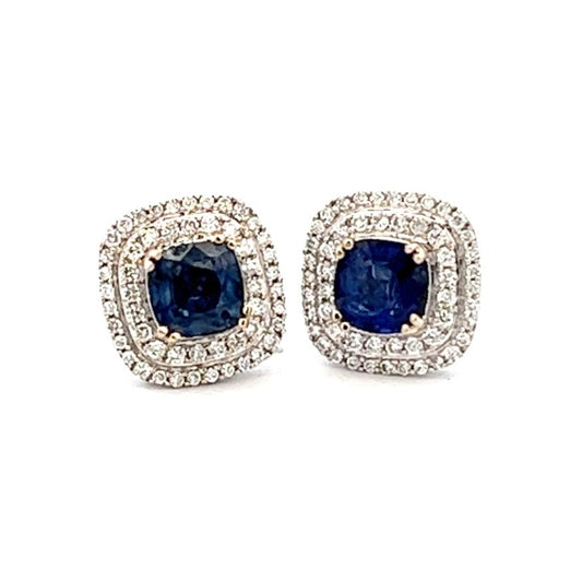 1.87cttw Double Halo Sapphire and Diamond Earrings | 18k White Gold