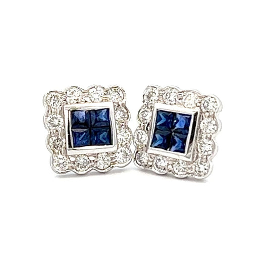 0.65cttw Picture Frame Sapphire and Diamond Earrings | 18k White Gold