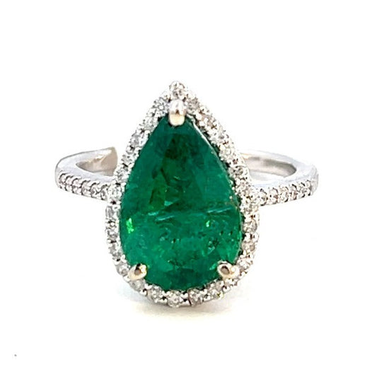 4 Carat Emerald Ring | Emerald Halo Ring | Emerald Teardrop Ring