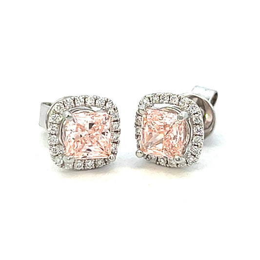 2.31cttw Cushion Cut Pink Diamond Earrings | Pink Stone Earrings | Pink Studs | Diamond Halo Earrings | 18k White Gold