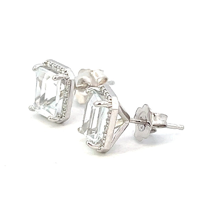 2.20cttw Aquamarine Stud Earrings | Emerald Cut Aquamarine Earrings | Diamond Halo Earrings | 14k White Gold Earrings