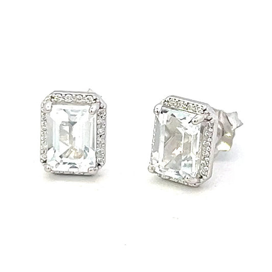 2.20cttw Aquamarine Stud Earrings | Emerald Cut Aquamarine Earrings | Diamond Halo Earrings | 14k White Gold Earrings