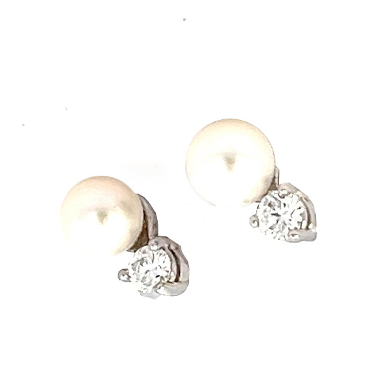 5mm Pearl and Diamond Stud  Earrings | Pearl Earrings Stud | 14k White Gold