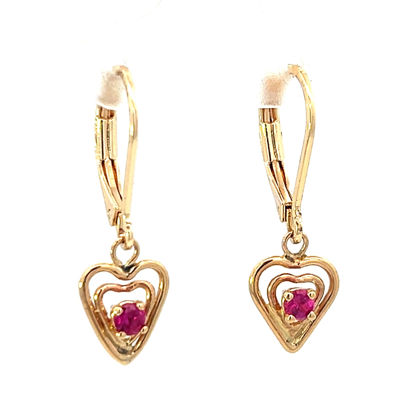 0.20cttw Ruby Heart Dangle Earrings | Gold Dangle Earrings | Heart Dangle Earrings | 14k Yellow Gold Earrings