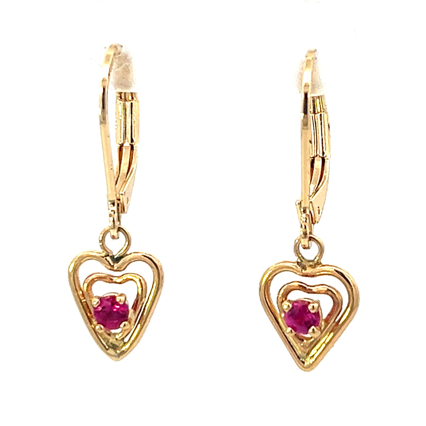 0.20cttw Ruby Heart Dangle Earrings | Gold Dangle Earrings | Heart Dangle Earrings | 14k Yellow Gold Earrings