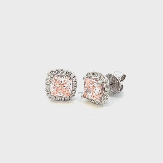 Video of a pair of 2.31cttw Cushion Cut Pink Diamond Earrings | Pink Stone Earrings | Pink Studs Video | Diamond Halo Earrings Video | 18k White Gold Earrings