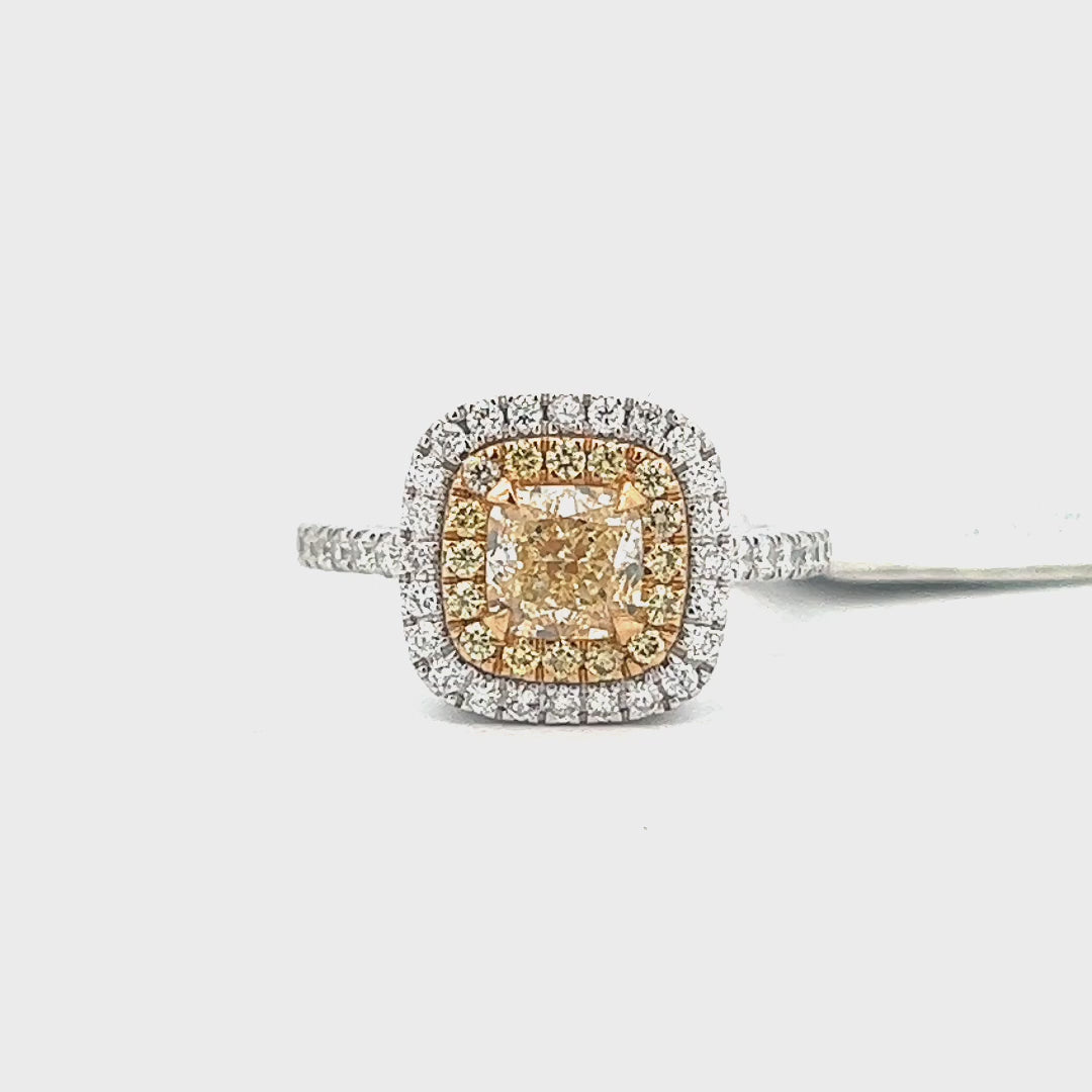 Double Halo Yellow Diamond Engagement Ring | 18k White Gold