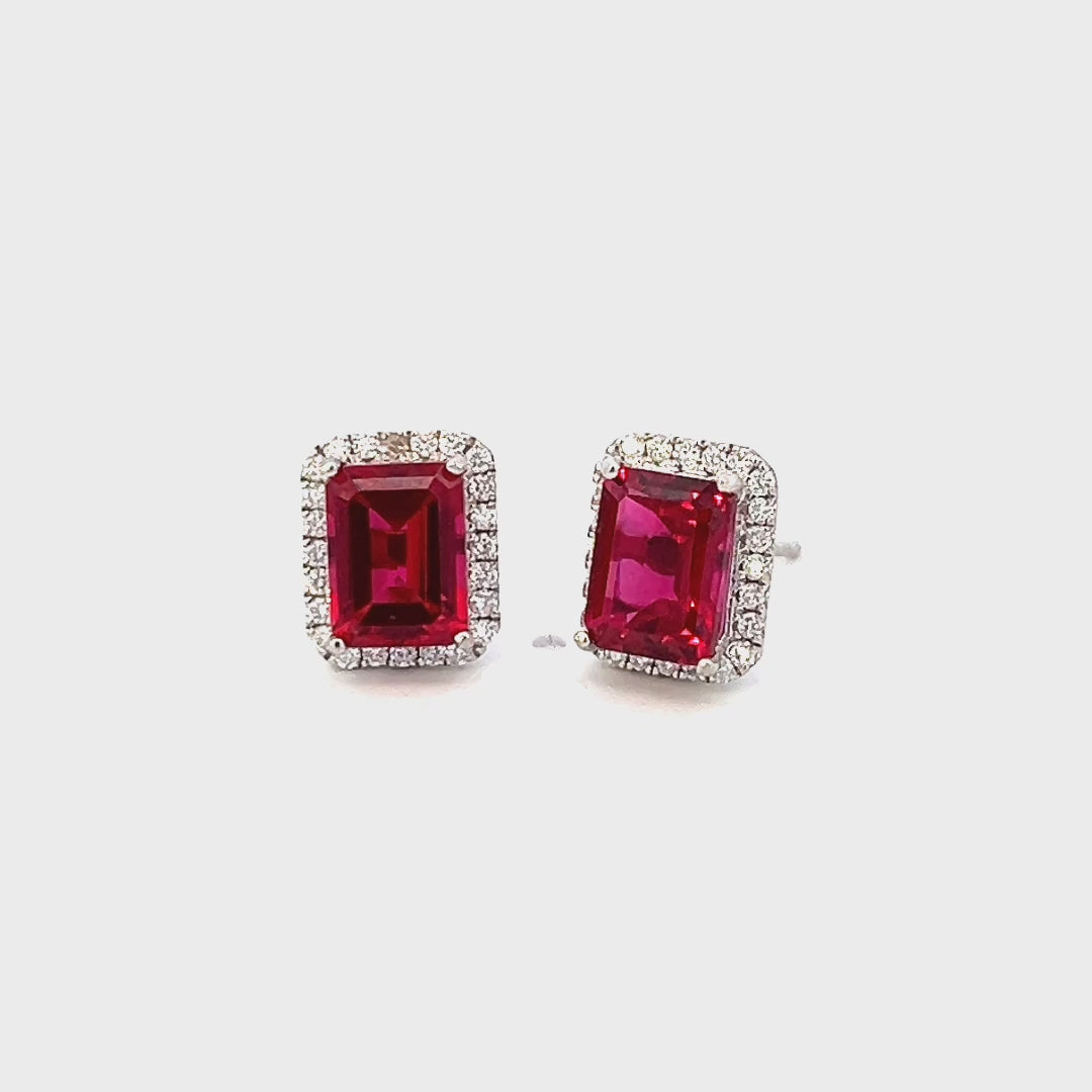 Video of a pair of 4.68cttw Ruby and Diamond Earrings | 14k White Gold Video | Lab Grown Ruby Earrings Video