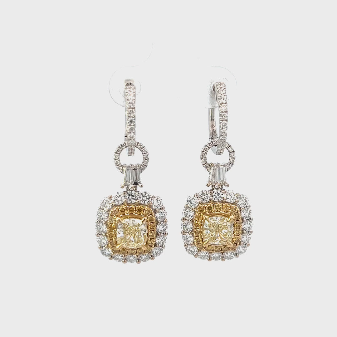 Video of a pair of 5.62cttw Diamond Dangle Drop Earrings | White Gold Dangle Earrings Video | Yellow Diamond Dangle Drop Earrings Video | 14k White Gold Earrings Video
