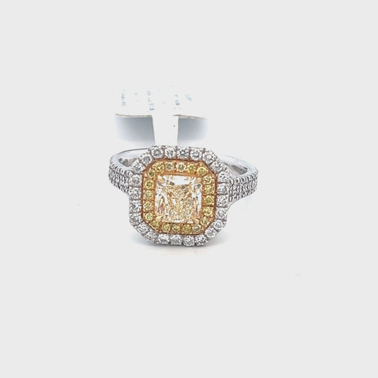 2.58cttw Radiant Cut Yellow Diamond Engagement Ring | 18k White Gold Video