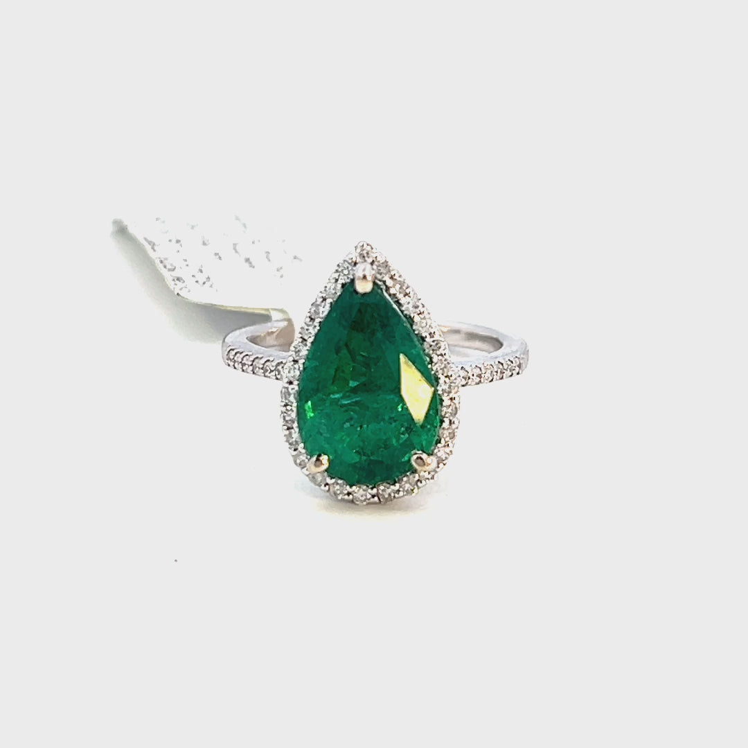 4 Carat Emerald Ring | Emerald Halo Ring Video  | Video of A Emerald Teardrop Ring