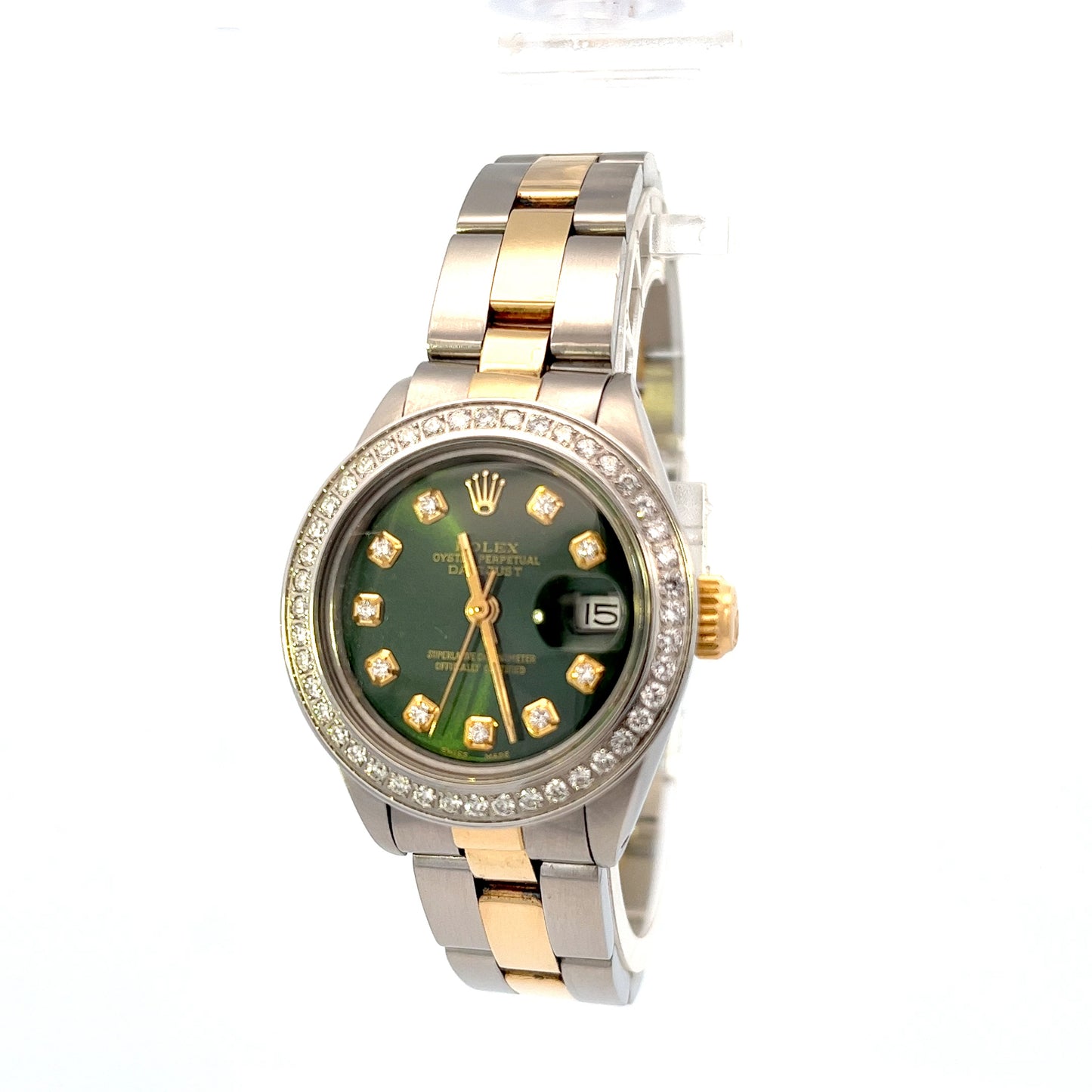 Preowned Rolex stainless steel and gold 26mm Datejust, Stainless steel and gold oyster band, green diamond dial, diamond bezel