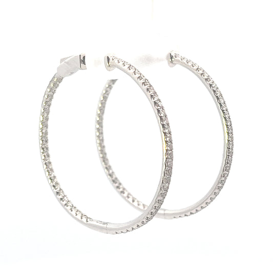 18k White Gold 1.19ct Total Weight Pave Diamond Hoop Earrings