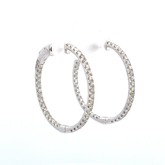 18k White Gold 1.00ct Total Weight Pave Diamond Hoop Earrings