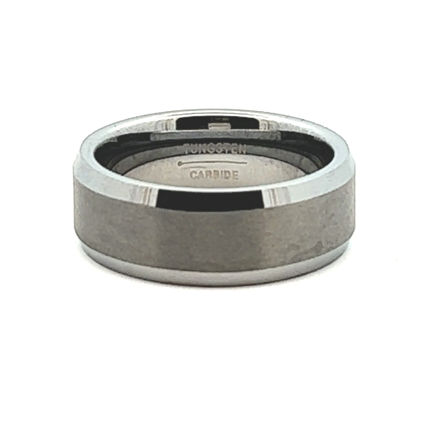 8mm Gunmetal Tungsten Ring With Silver Bevel Accent