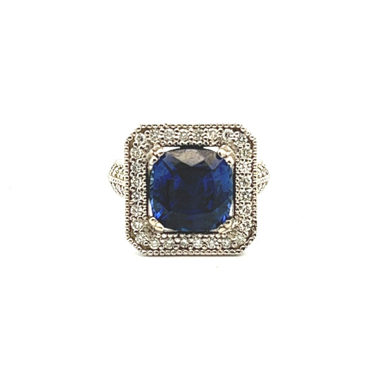 Cushion Cut Sapphire Ring 5ct with 3/4ct diamonds in 14k white gold