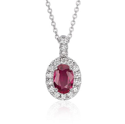 Ruby and diamond pendant 1.18ct oval ruby with 1/3ct tw round brilliant cut natural diamonds 14k white gold on a 16in sterling silver 1mm cable chain